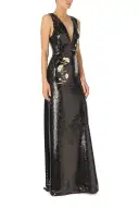Embroidered Sequin V-Neck Gown(2,Noir)