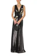 Embroidered Sequin V-Neck Gown(2,Noir)