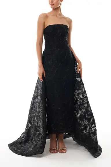 Embroidered Column Gown with Train(2,Noir)