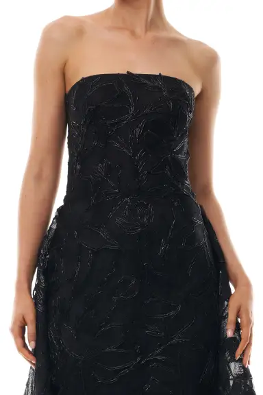Embroidered Column Gown with Train(2,Noir)