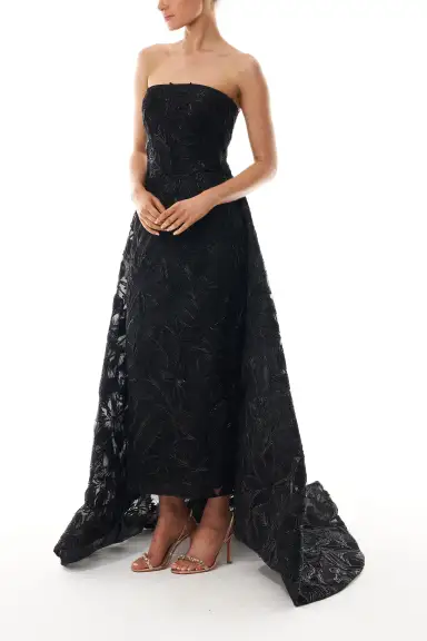Embroidered Column Gown with Train(2,Noir)