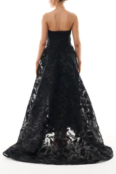 Embroidered Column Gown with Train(2,Noir)