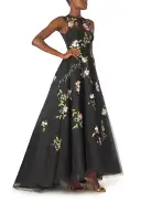 Floral Embroidered Tulle Gown(2,Noir Multi)