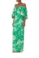 Off-the-Shoulder Blouson Sleeve Gown(2,Grass/Silk White)