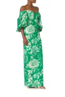 Off-the-Shoulder Blouson Sleeve Gown(2,Grass/Silk White)