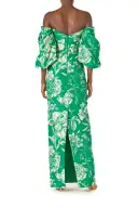 Off-the-Shoulder Blouson Sleeve Gown(2,Grass/Silk White)