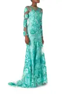 Tulle Long Sleeve Trumpet Gown(2,Aqua)