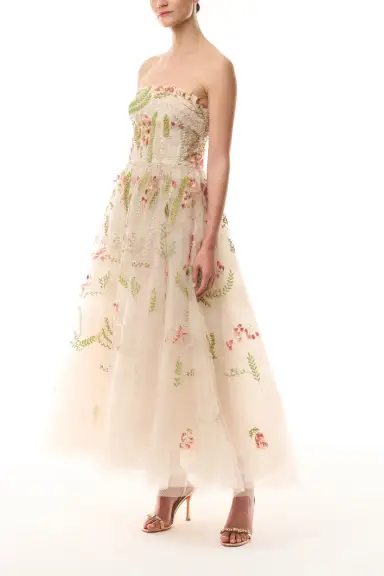 Embroidered Tulle Tea-Length Dress(2,Prosecco/Multi)