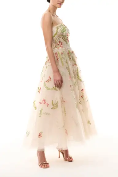 Embroidered Tulle Tea-Length Dress(2,Prosecco/Multi)
