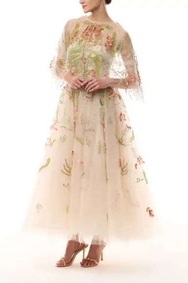 Embroidered Tulle Tea-Length Dress(2,Prosecco/Multi)