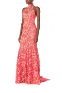 Lace Halter Trumpet Gown(2,Coral/Rosette)