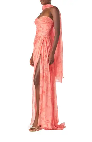 Draped Chiffon Gown with Scarf(2,Rosette/Coral)