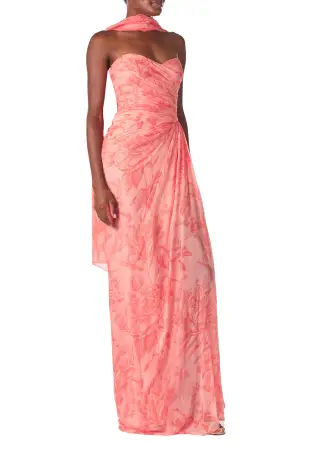 Draped Chiffon Gown with Scarf(2,Rosette/Coral)