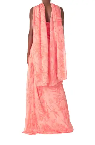Draped Chiffon Gown with Scarf(2,Rosette/Coral)