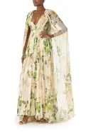 Floral Chiffon Deep V-Neck Gown(2,Bellini/Multi)