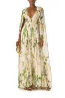 Floral Chiffon Deep V-Neck Gown(2,Bellini/Multi)