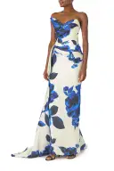 Asymmetric Draped Column Gown(2,Nautical Blue/Multi)