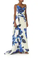 Asymmetric Draped Column Gown(2,Nautical Blue/Multi)