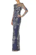 Long Sleeve Illusion Sequin Gown(2,Navy Multi)