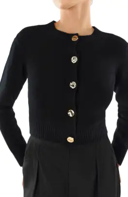 Cropped Long Sleeve Cardigan(X-SMALL,Black)