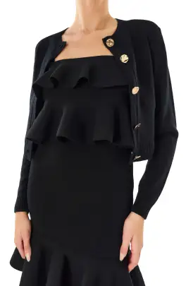 Cropped Long Sleeve Cardigan(X-SMALL,Black)