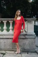 Long Sleeve Knit Midi Dress(2,Scarlet)