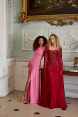 Embroidered Chiffon Gown With Cape(2,Merlot)