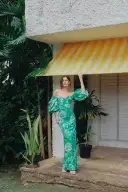 Off-the-Shoulder Blouson Sleeve Gown(2,Grass/Silk White)