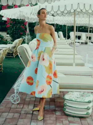 Poppy Floral Tea-Length Dress(2,Powder Blue/Multi)