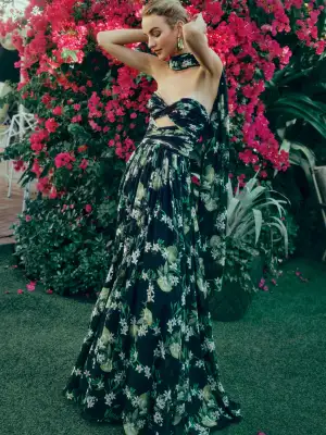 Strapless Lemon Floral Gown(2,Noir Multi)