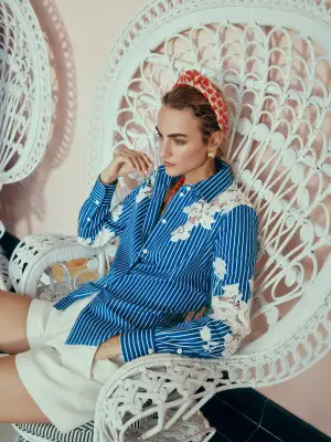 Lace Detailed Button Front Shirt(2,Nautical Blue/White)