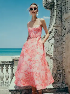 Floral Corseted A-line Dress(2,Rosette/Coral)