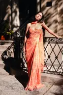 Draped Chiffon Gown with Scarf(2,Rosette/Coral)