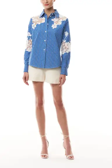 Lace Detailed Button Front Shirt(2,Nautical Blue/White)
