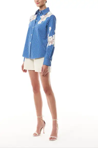 Lace Detailed Button Front Shirt(2,Nautical Blue/White)