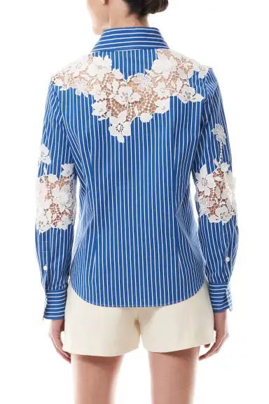 Lace Detailed Button Front Shirt(2,Nautical Blue/White)