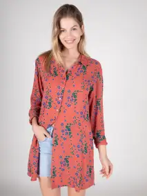 Georgia Shirt Dress - Red Green Floral Cotton Gauze(XS)