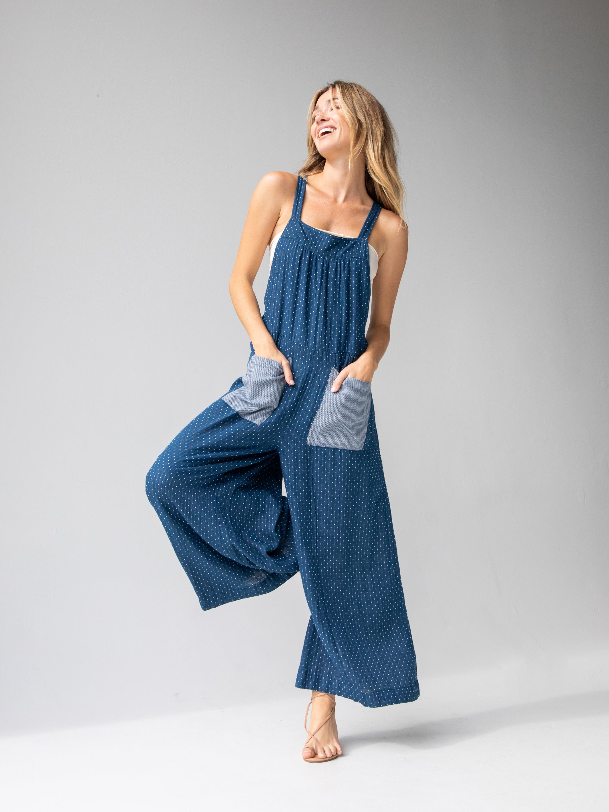 Dakota Tie Overall - Navy Polka Dots Cotton