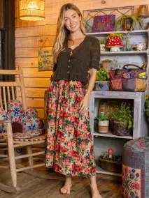 Addie Midi Skirt - Tan Red Roses(XS)