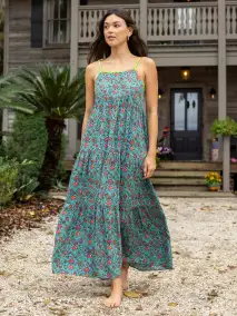 Maddie Maxi Dress - Turquoise Pink Fan Floral
