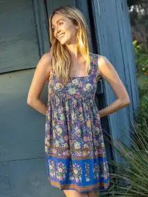 Tricia Mini Dress - Blue Yellow Roses