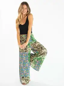 Go With The Flow Wide Leg Pant - Green Blue Floral