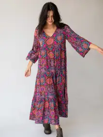 Charlotte Midi Dress - Black Pink Folk Floral