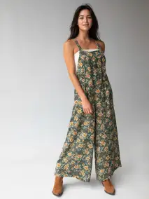 Dakota Tie Overall - Green Sunflower Butterfly Cotton