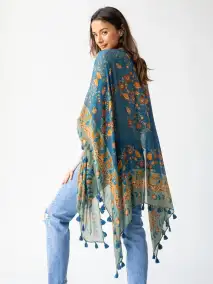 Soleil Tassel Kimono - Navy Green Mandala