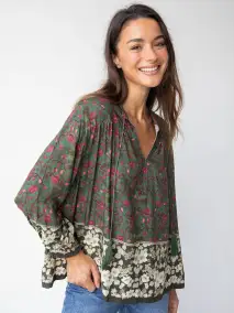Dara Top - Green White Floral Border