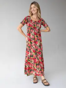 Daisy Tiered Maxi Dress - Tan Red Roses
