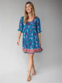 Collette Mini Dress - Blue Pink Floral Border