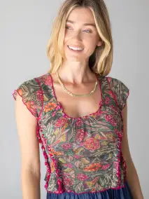 Brianna Cotton Ruffle Trim Top - Green Painterly Vines
