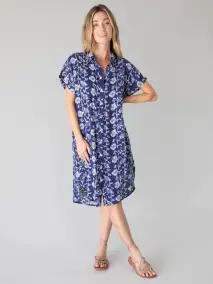 Take It Easy Cotton Gauze Midi Dress - Navy Cream Vines